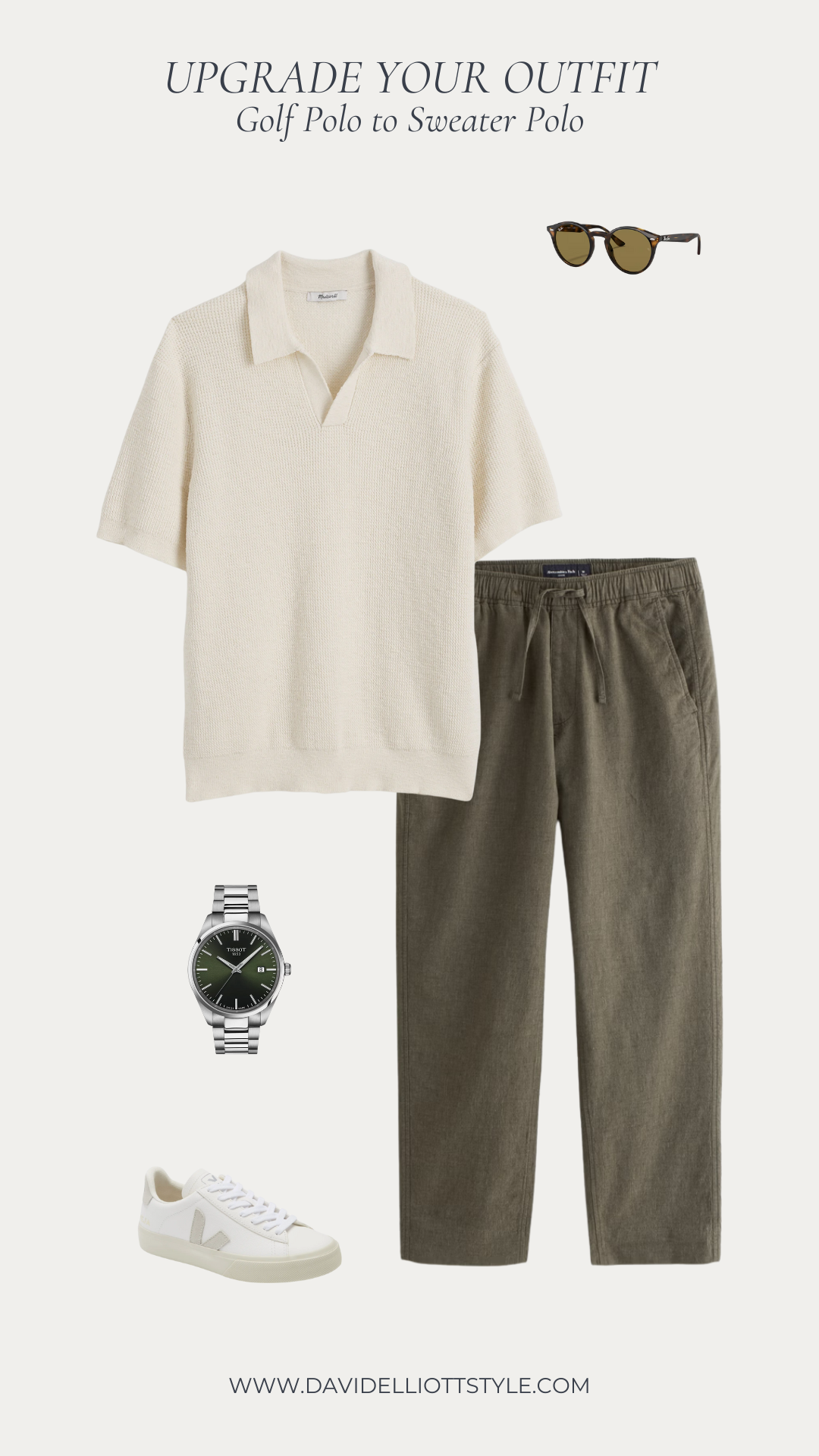 How to style off-white jeans for a spring lunch date with a white tee, olive sweater, sneakers, and baseball cap.