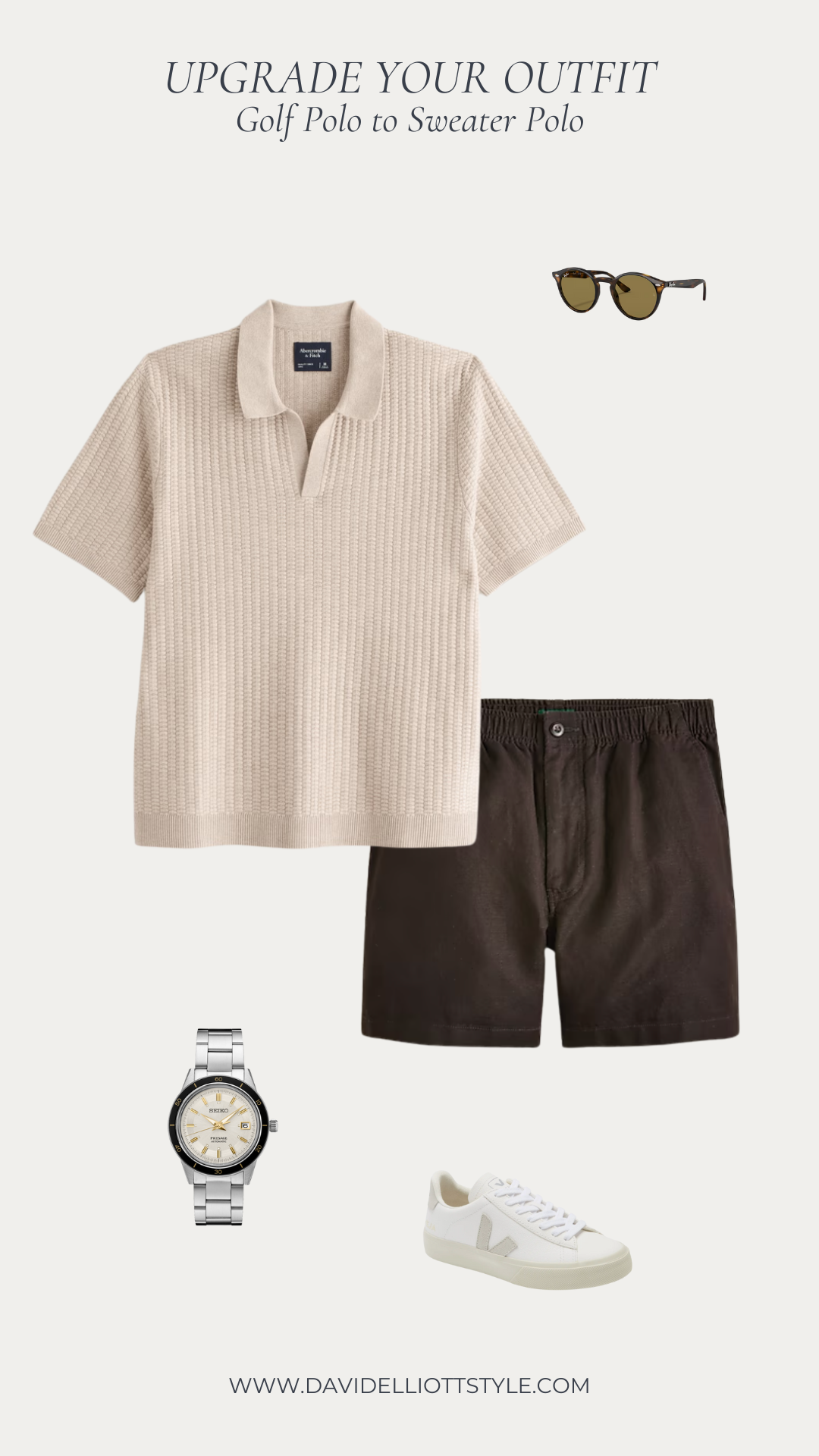 Men’s coffee run outfit showing how to style off-white jeans with a navy knit tee, olive overshirt, and canvas sneakers