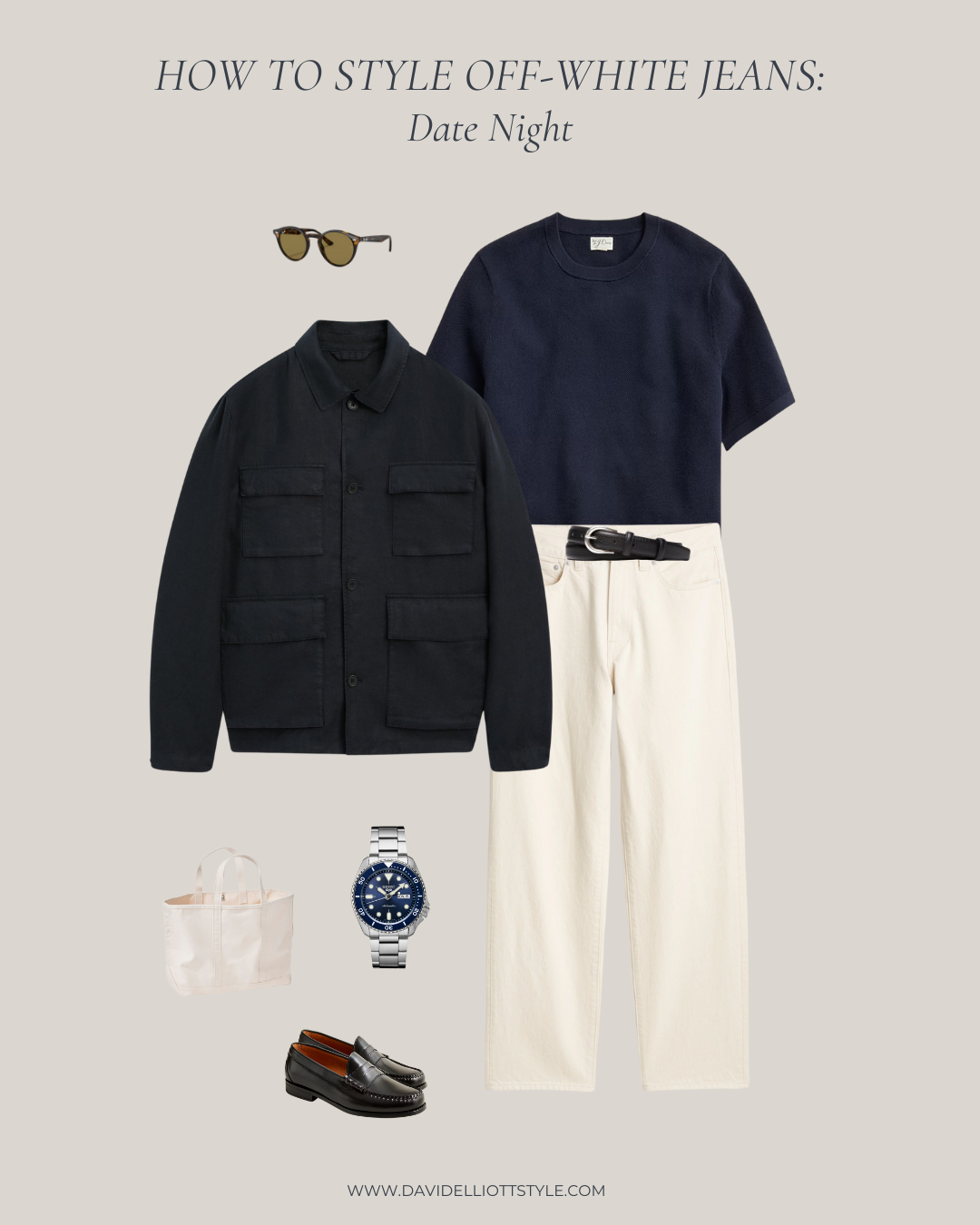 Men’s date night look using off-white jeans styled with a navy knit, black chore jacket, and black loafers.