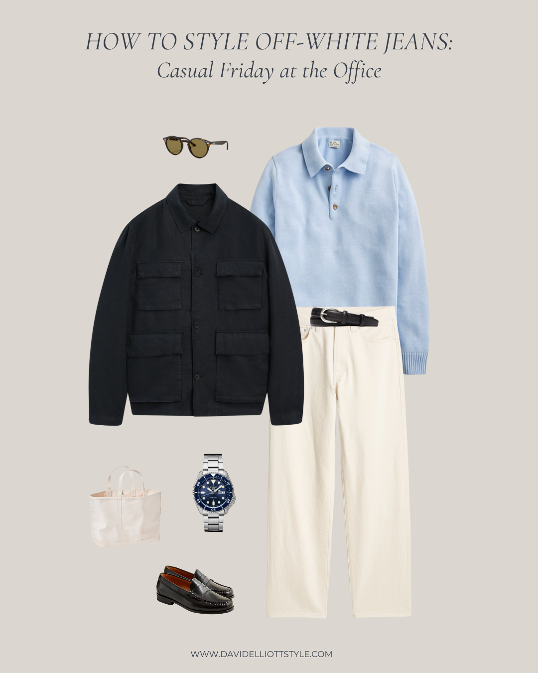 How to style off-white jeans for casual Friday at work with a light blue sweater, black overshirt, and loafers