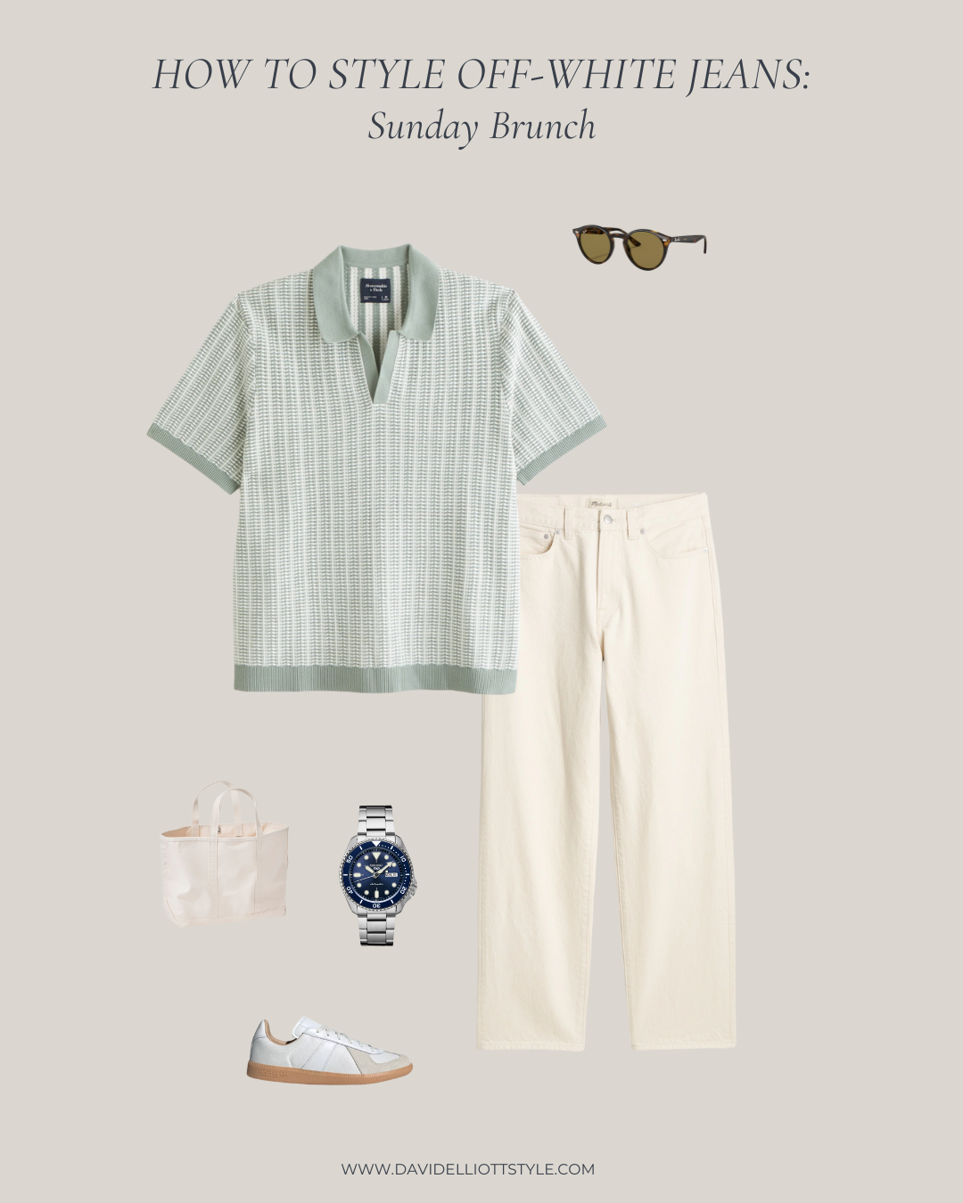 How to style off-white jeans for Sunday brunch with a sage green knit polo and white sneakers.