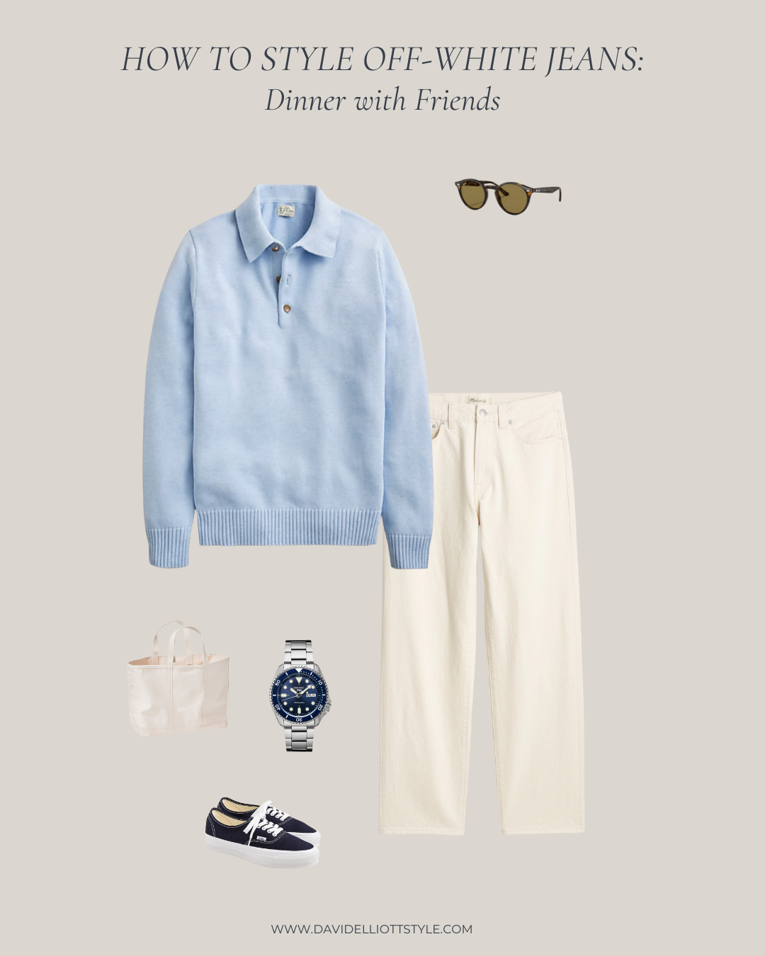 Off-white jeans styled for dinner with friends featuring a light blue knit polo and navy sneakers.